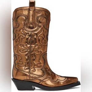 ⚡️New Ganni Women's Mid Shaft Embroidered Western Boot - Bronze Gold -39